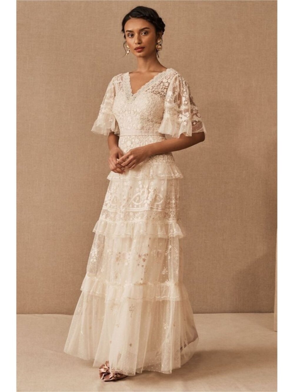 NWT Needle & Thread Francine Gown in Beige Pink Tiered Tulle Maxi Dress 8
